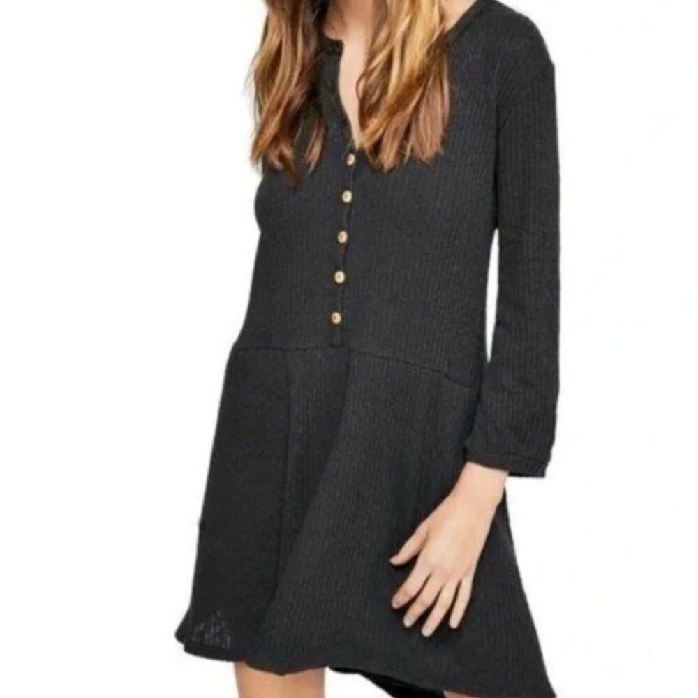 Free People Beach Blossom Waffle Dress Black Small